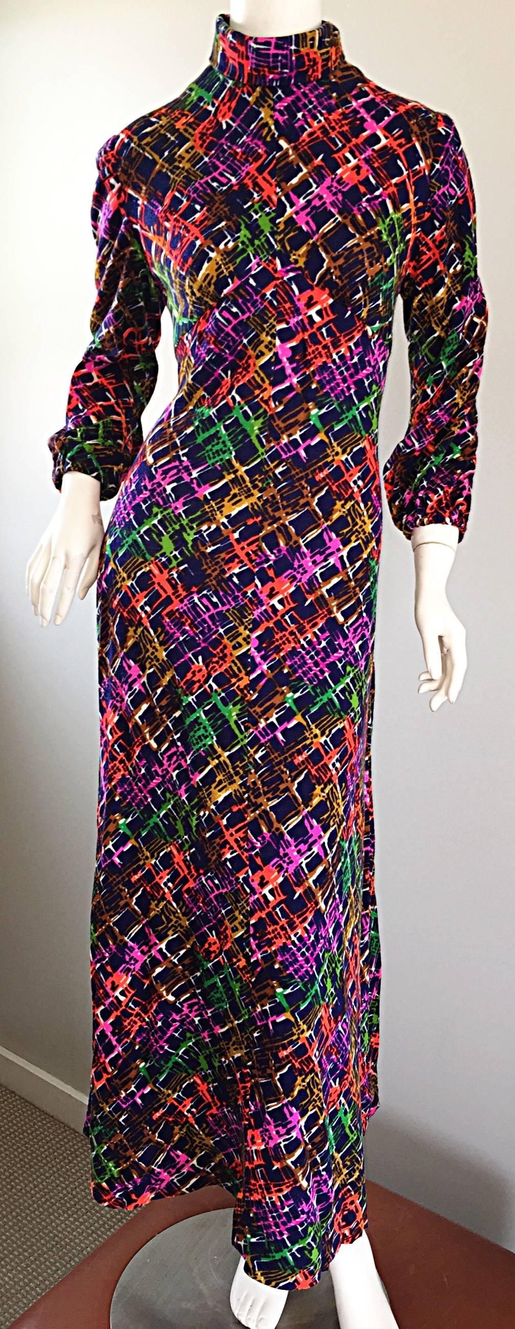 Vintage Rainbow ' Barbed Wire ' 1970s Colorful Boho Long Sleeve 70s Maxi Dress 3