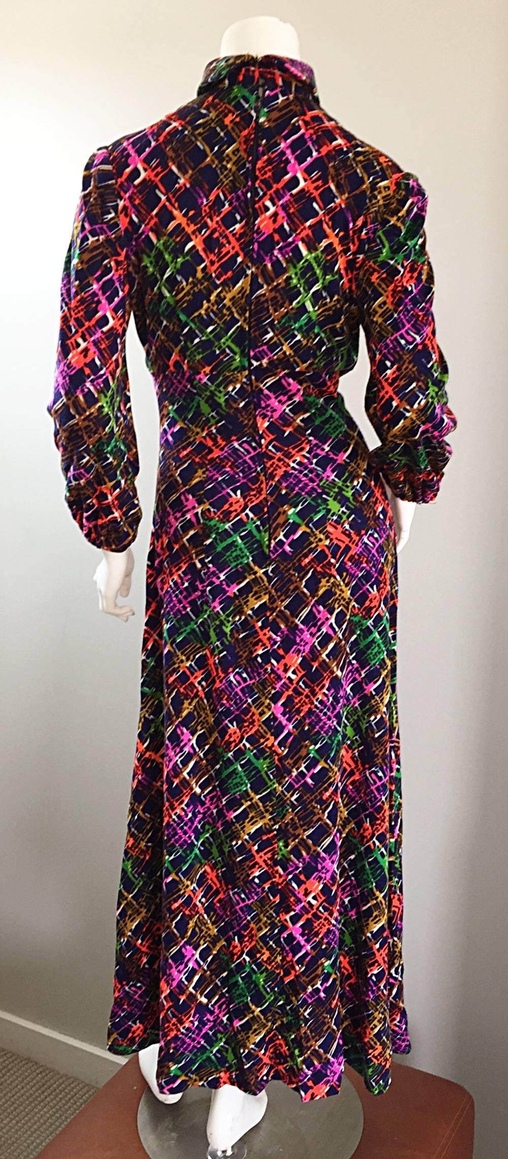 Vintage Rainbow ' Barbed Wire ' 1970s Colorful Boho Long Sleeve 70s Maxi Dress 1