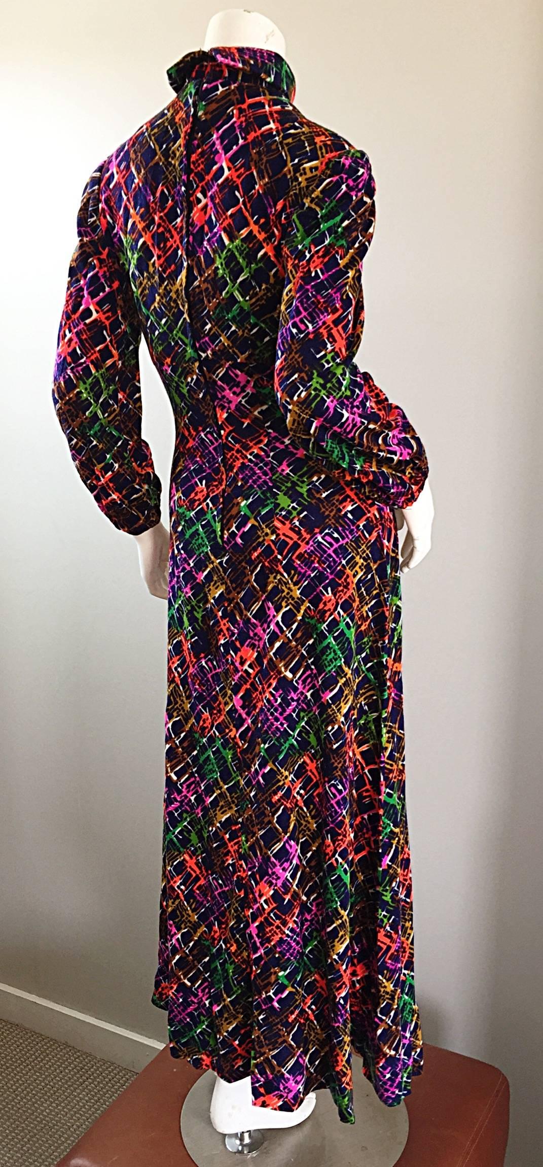 Vintage Rainbow ' Barbed Wire ' 1970s Colorful Boho Long Sleeve 70s Maxi Dress 4