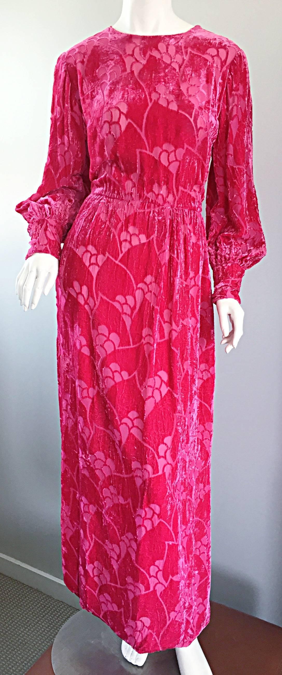 Vintage Elizabeth Arden 1970s Hot Pink Fuchsia Crushed Silk Velvet Maxi Dress 2