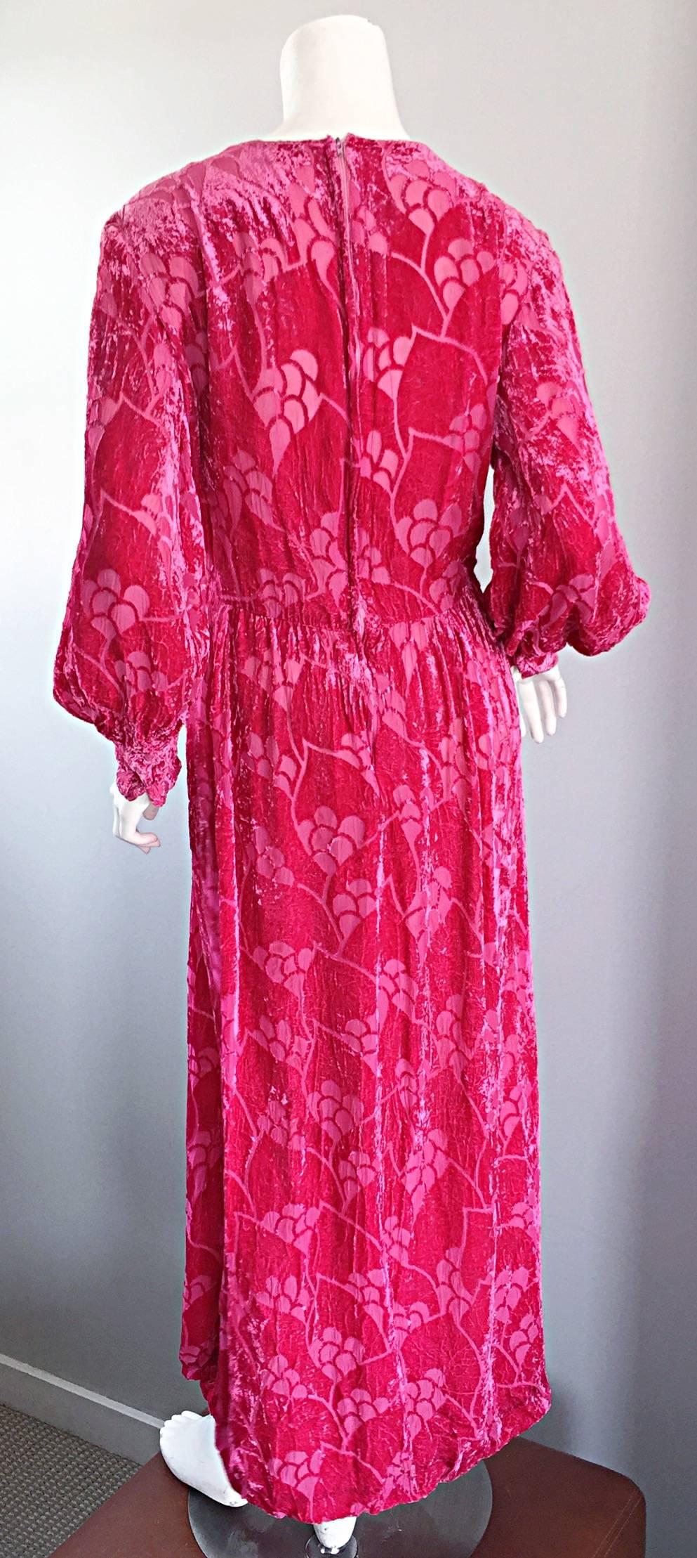 Vintage Elizabeth Arden 1970s Hot Pink Fuchsia Crushed Silk Velvet Maxi Dress 1