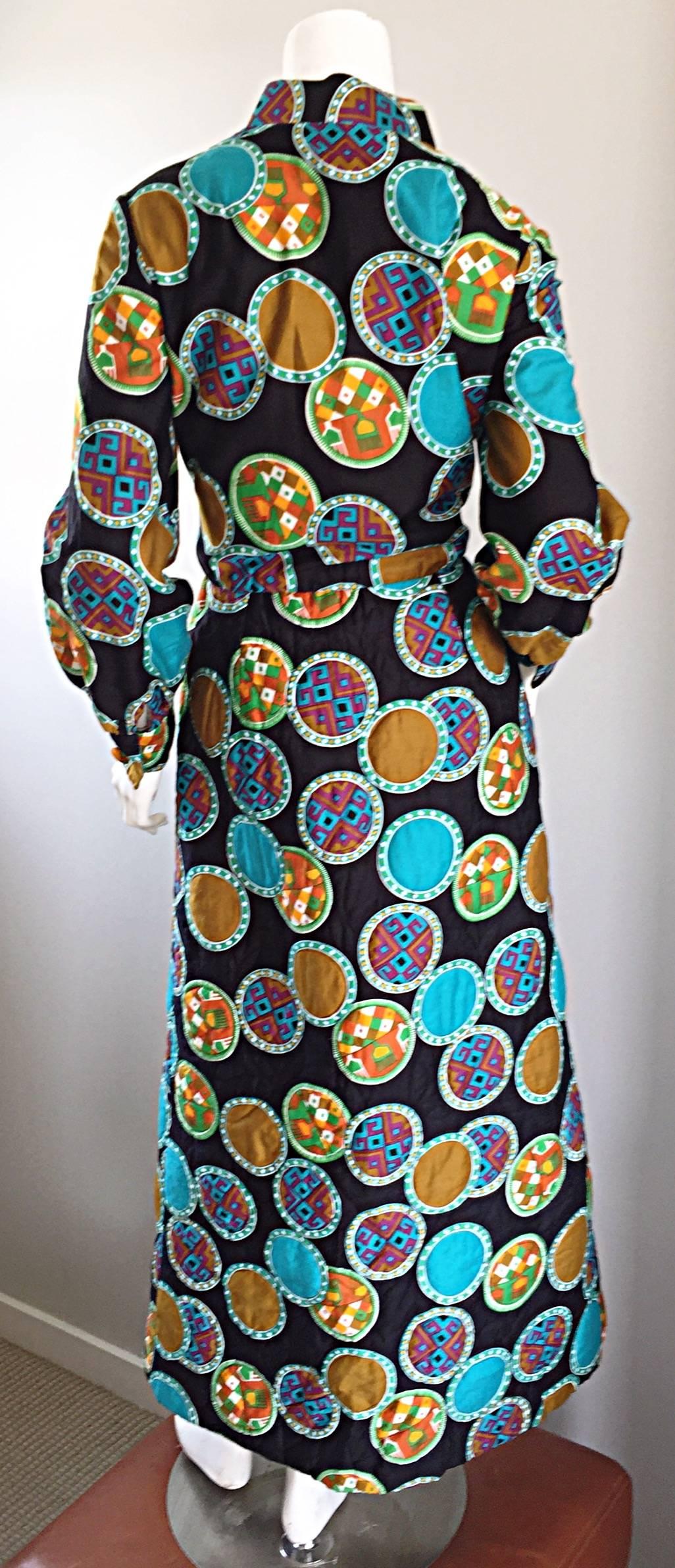 Black Vintage Dynasty I Magnin Chinese Inspired 1970s 70s Long Sleeve Boho Maxi Dress For Sale