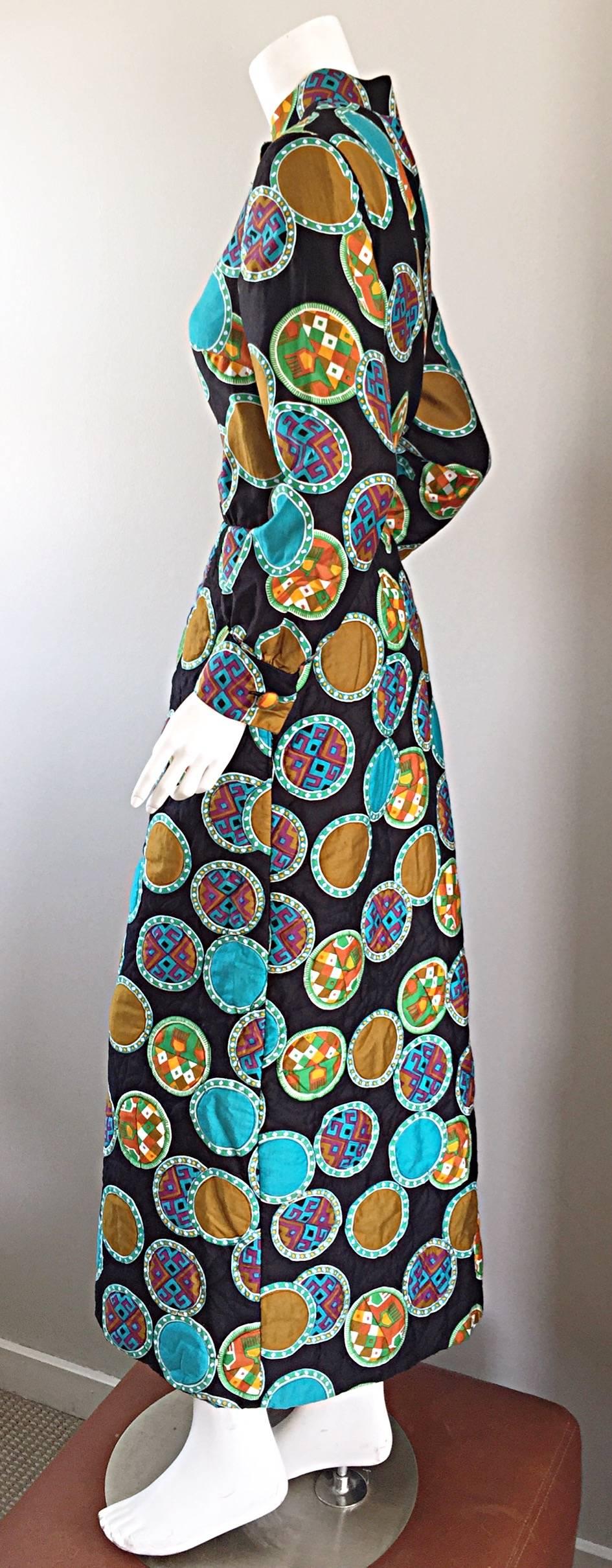Women's Vintage Dynasty I Magnin Chinese Inspired 1970s 70s Long Sleeve Boho Maxi Dress For Sale