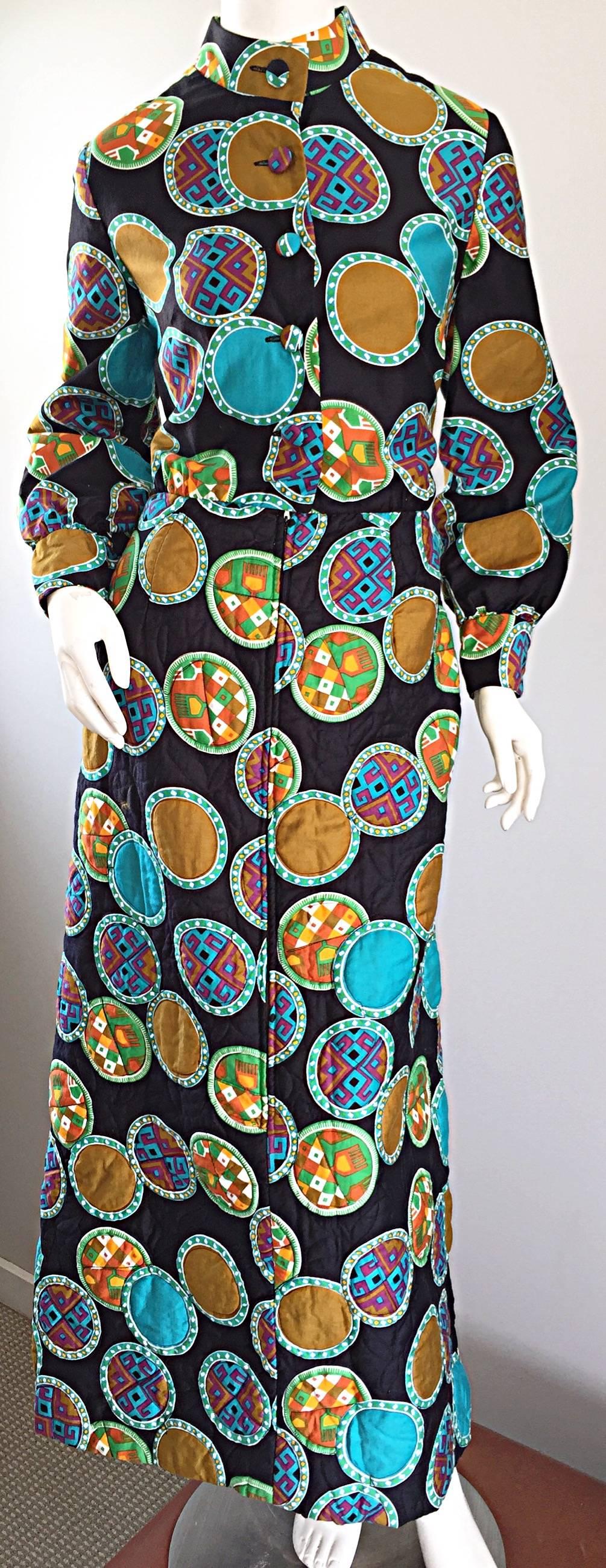 Vintage Dynasty I Magnin Chinese Inspired 1970s 70s Long Sleeve Boho Maxi Dress For Sale 1