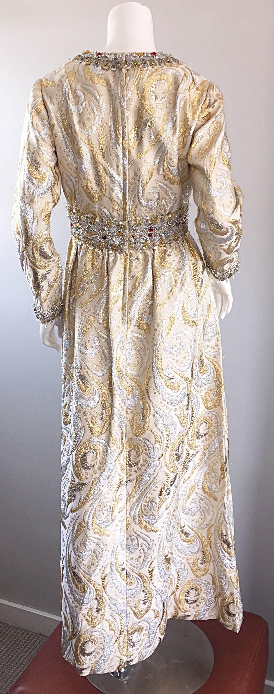 Gorgeous 1960s Vintage British Hong Kong Gold & Silver Silk Beaded Crystal Gown 1