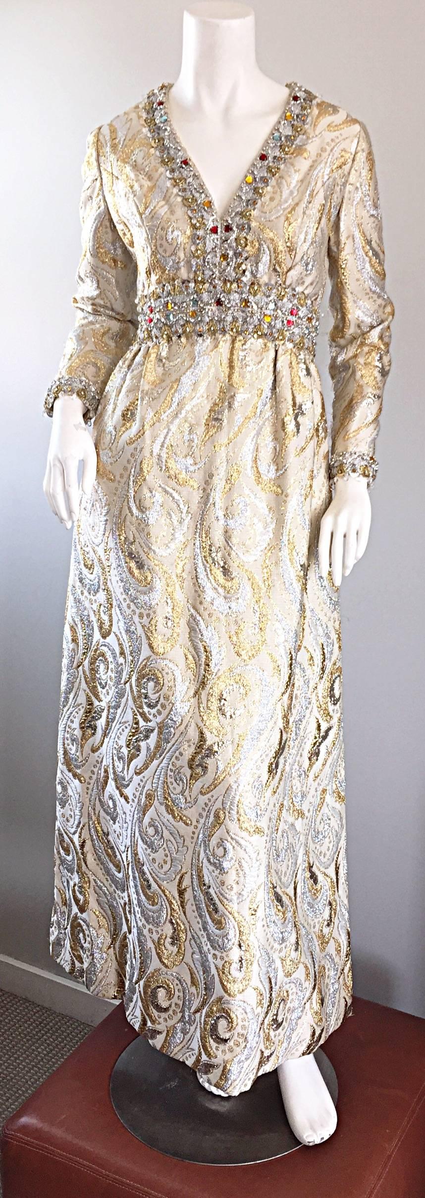Absolutely stunning vintage 60s KENT ORIGINALS gold and silver silk brocade crystal and beaded full length evening dress! Intricate couture quality, with quite a bit of hand-sewn workmanship. Colorful crystals embellished at the bodice and sleeve