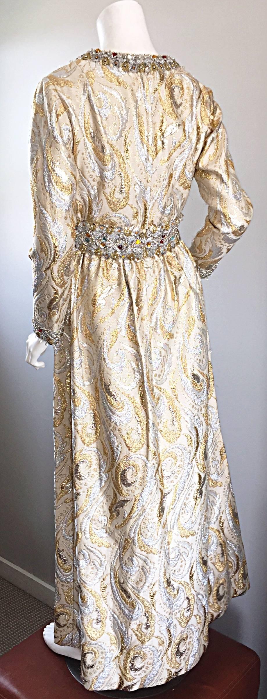 Gorgeous 1960s Vintage British Hong Kong Gold & Silver Silk Beaded Crystal Gown 3