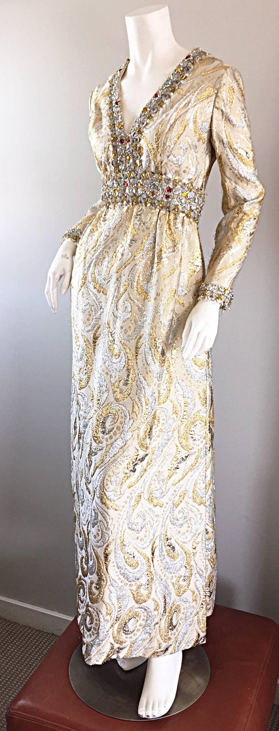 Gorgeous 1960s Vintage British Hong Kong Gold & Silver Silk Beaded Crystal Gown In Excellent Condition In San Diego, CA