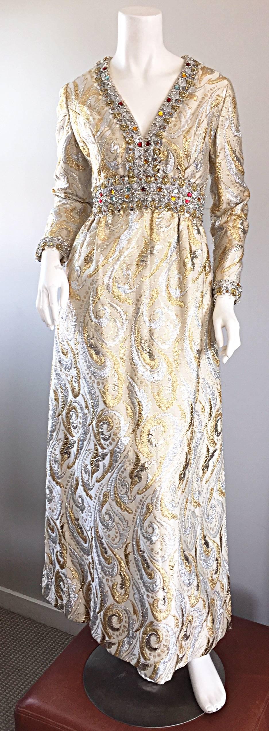 Gorgeous 1960s Vintage British Hong Kong Gold & Silver Silk Beaded Crystal Gown 4