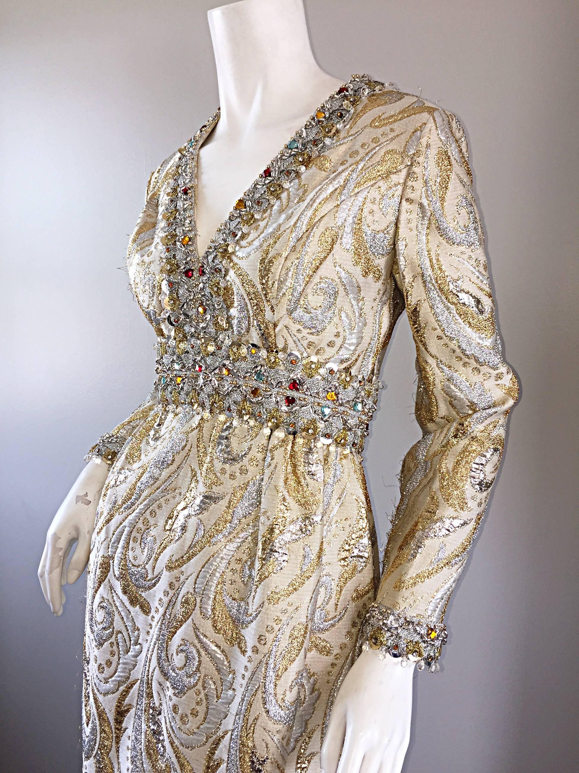 Gorgeous 1960s Vintage British Hong Kong Gold & Silver Silk Beaded Crystal Gown 2