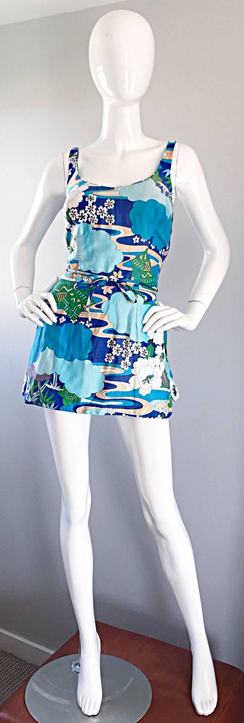 1960s Romper Swimsuit Onesie w/ Chineese Themed Print By Roxanne Perfection Fit 4