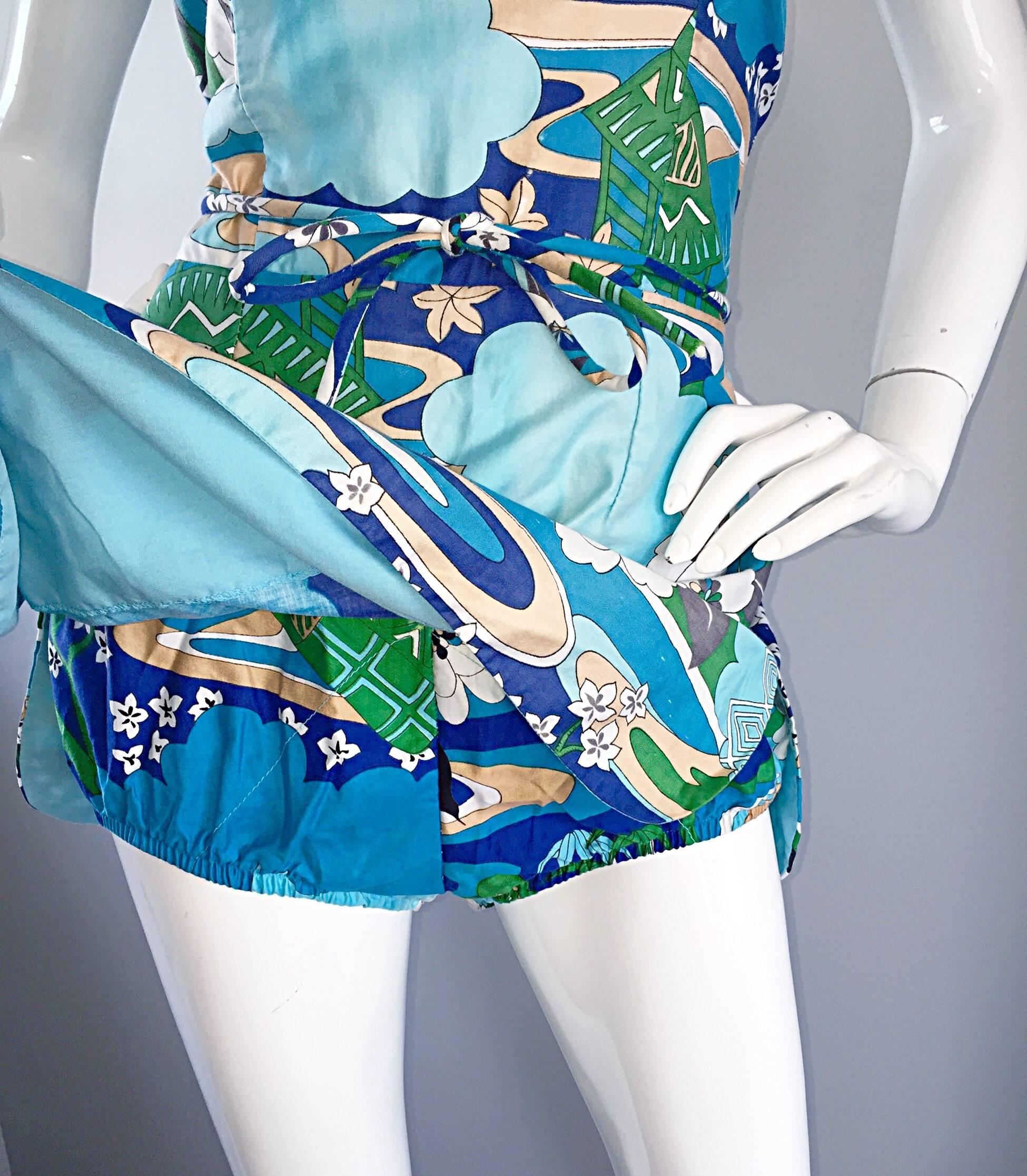 Blue 1960s Romper Swimsuit Onesie w/ Chineese Themed Print By Roxanne Perfection Fit