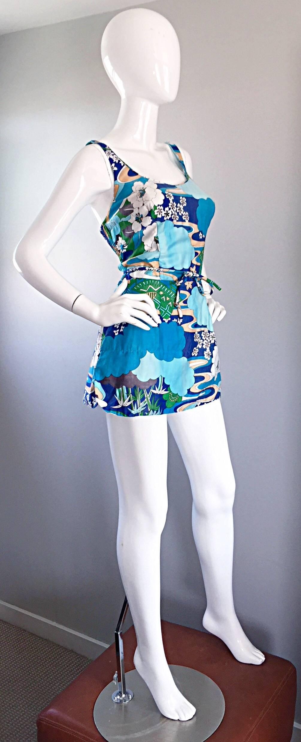 1960s Romper Swimsuit Onesie w/ Chineese Themed Print By Roxanne Perfection Fit 1