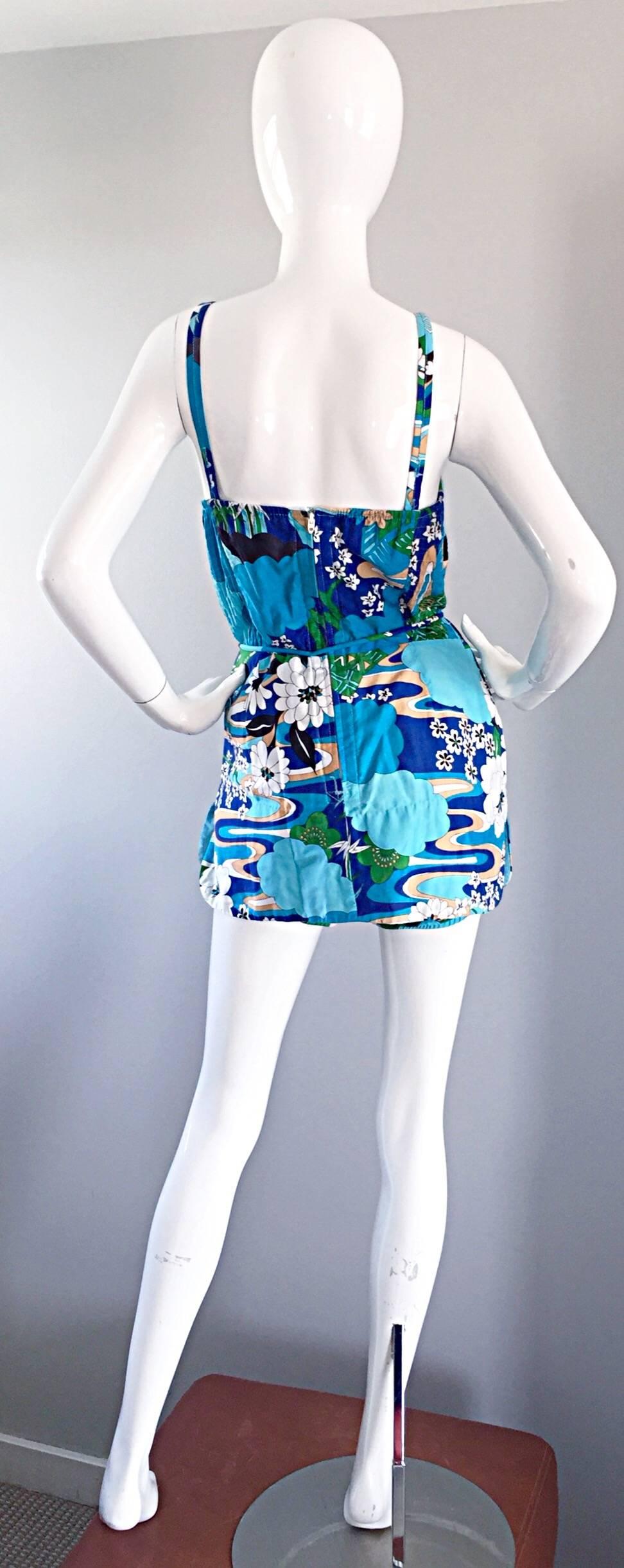 1960s Romper Swimsuit Onesie w/ Chineese Themed Print By Roxanne Perfection Fit In Excellent Condition In San Diego, CA