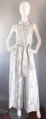 Leslie Fay 1960s Deadstock Silver & White Brocade Wide Palazzo Leg Jumpsuit NEW