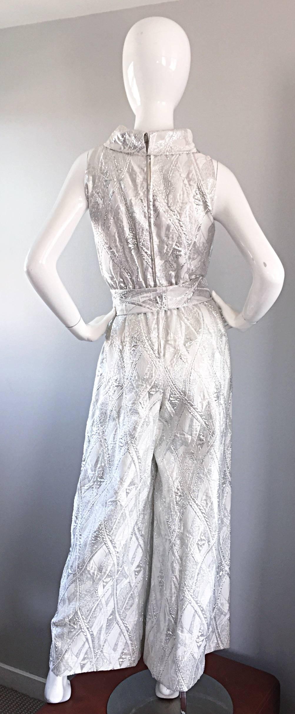 Women's Leslie Fay 1960s Deadstock Silver & White Brocade Wide Palazzo Leg Jumpsuit NEW
