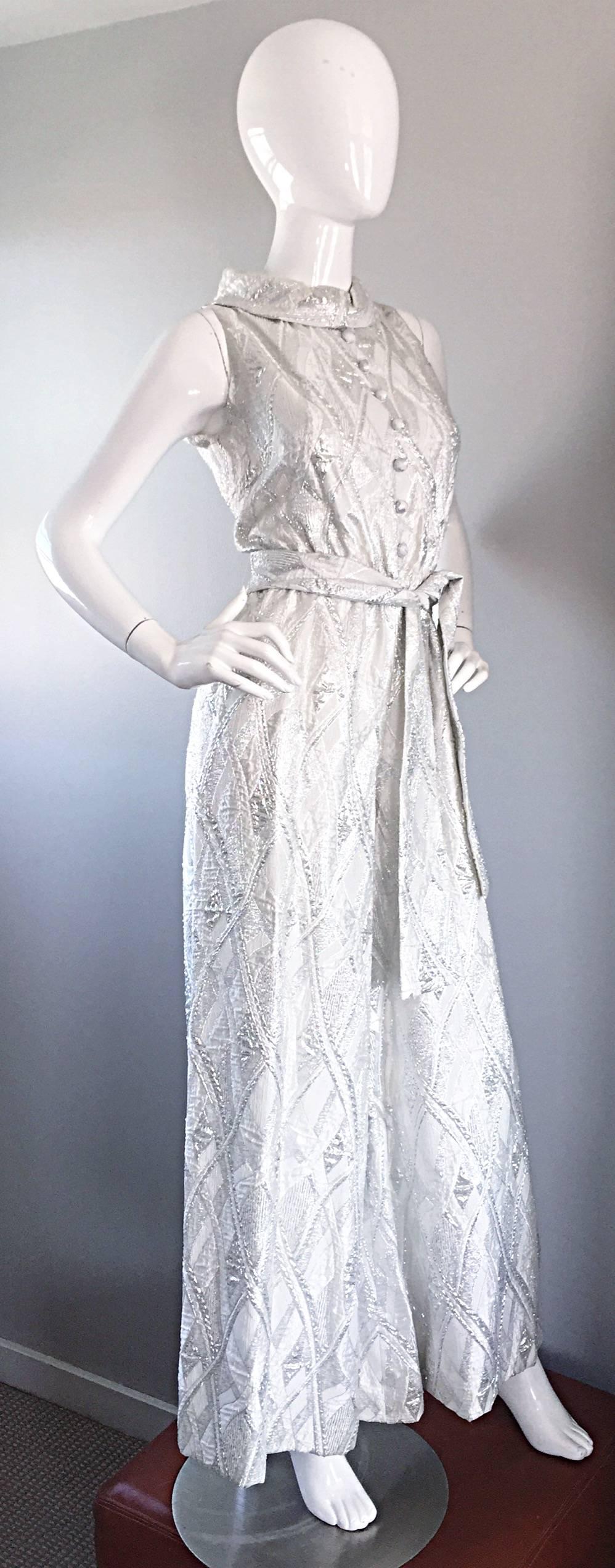 Leslie Fay 1960s Deadstock Silver & White Brocade Wide Palazzo Leg Jumpsuit NEW 1
