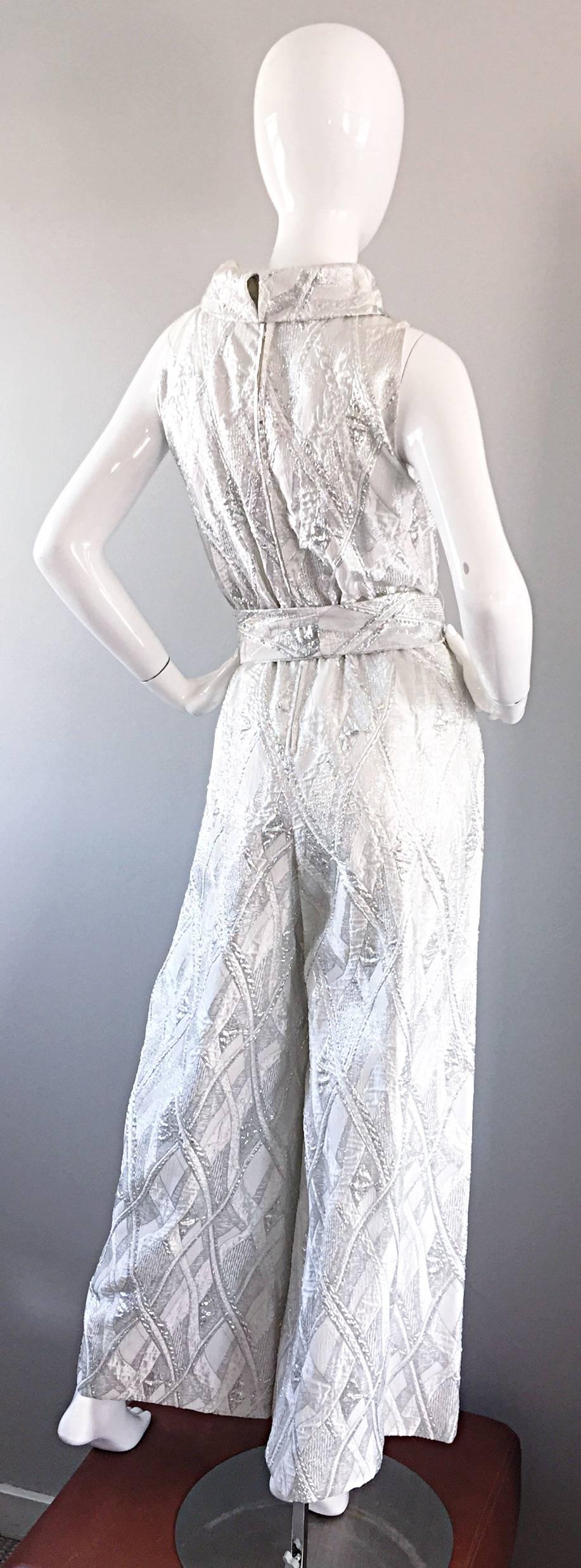 Leslie Fay 1960s Deadstock Silver & White Brocade Wide Palazzo Leg Jumpsuit NEW 2