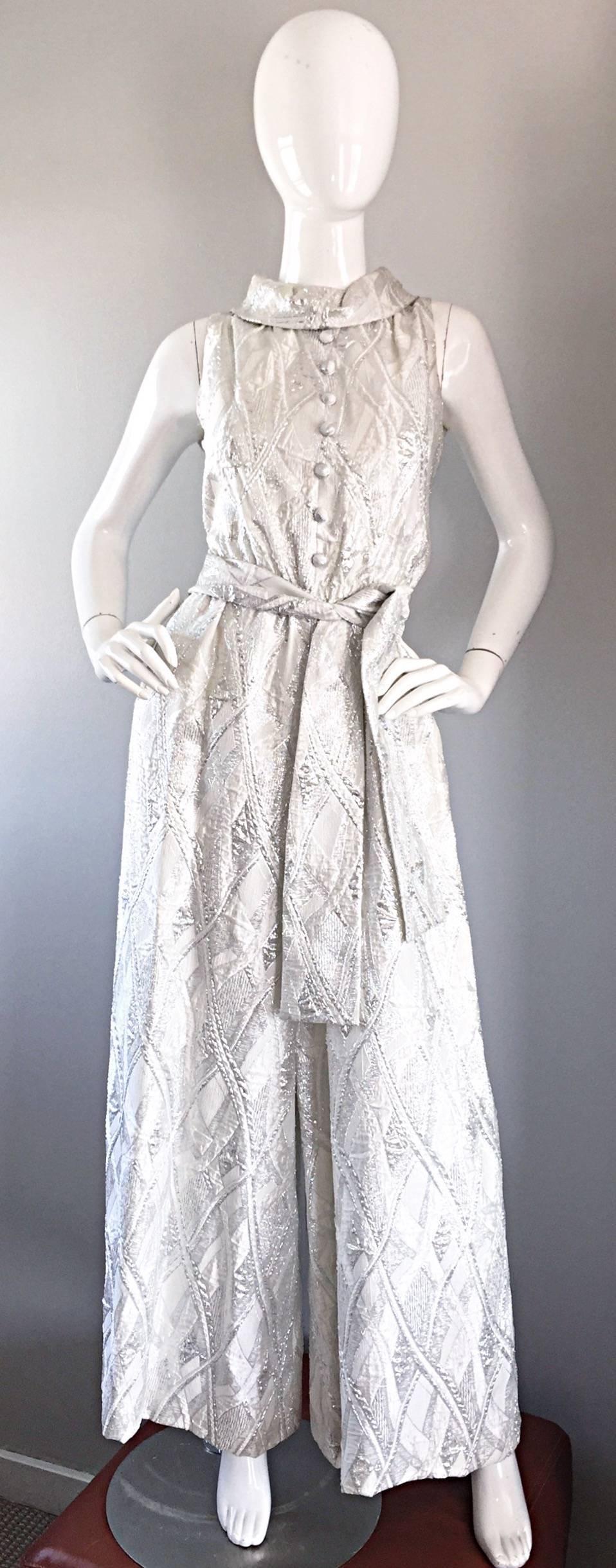 Leslie Fay 1960s Deadstock Silver & White Brocade Wide Palazzo Leg Jumpsuit NEW 3