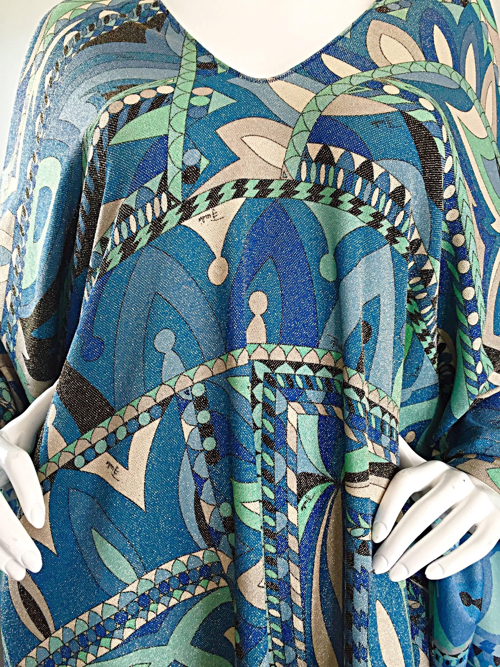 Emilio Pucci Caftan w/ Metallic Blue & Green Amazing Kaleidoscope Print Runway In Excellent Condition In San Diego, CA