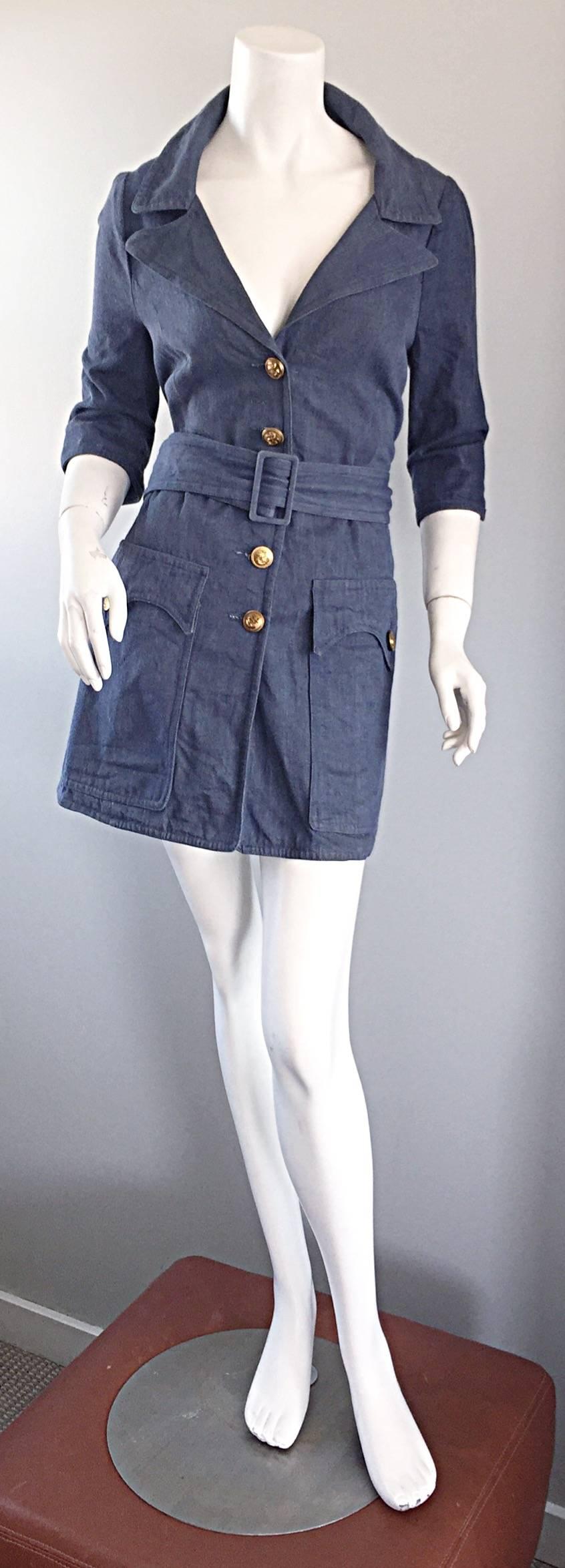Rare and collectible vintage BIBA 1970s denim / blue jean 3/4 sleeves nautical trench jacket or mini dress w/ detachable belt! Features gold anchor buttons down the bodice, and at each waist pocket. Fantastic tailored fit, and soft yet substantial