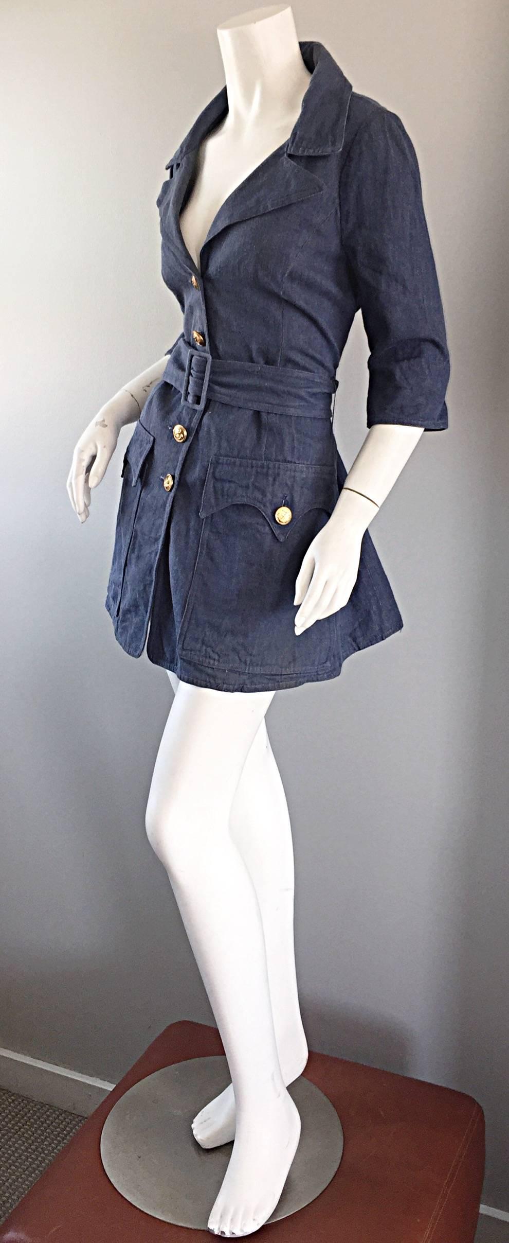 Biba Vintage Denim Nautical 1970s Trench Jacket or Mini Dress Rare British 70s In Excellent Condition In San Diego, CA