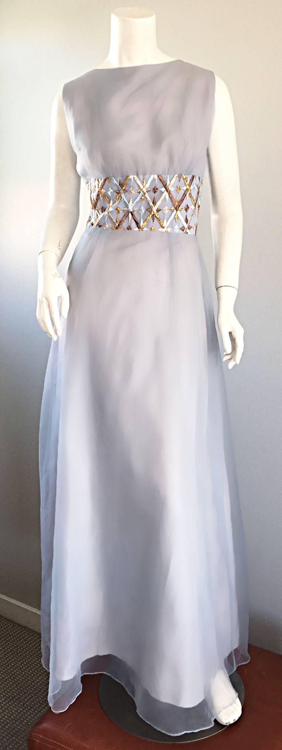 MELBRAY Of London 1960s Ice Blue Silk Chiffon Vintage 60s Gown / Maxi Dress In Excellent Condition In San Diego, CA