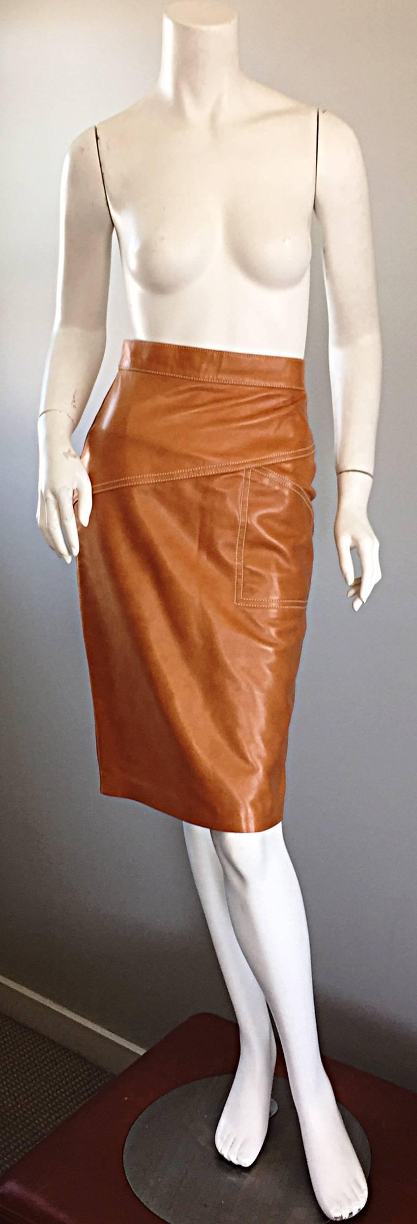 Orange ESCADA  Margaretha Ley Vintage High Waist Leather Saddle Cognac Tan Pencil Skirt
