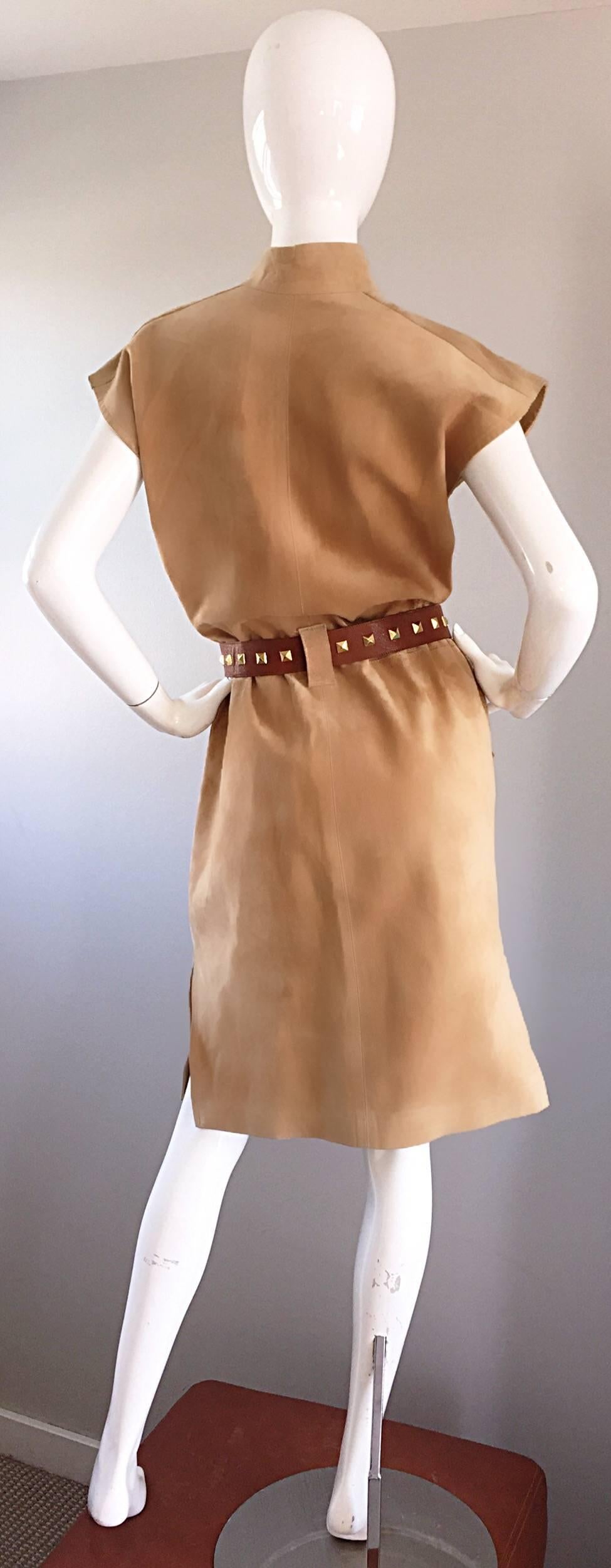YSL Yves Saint Laurent Rive Gauche 1960s Vintage Leather Suede Tan Belted Dress 4
