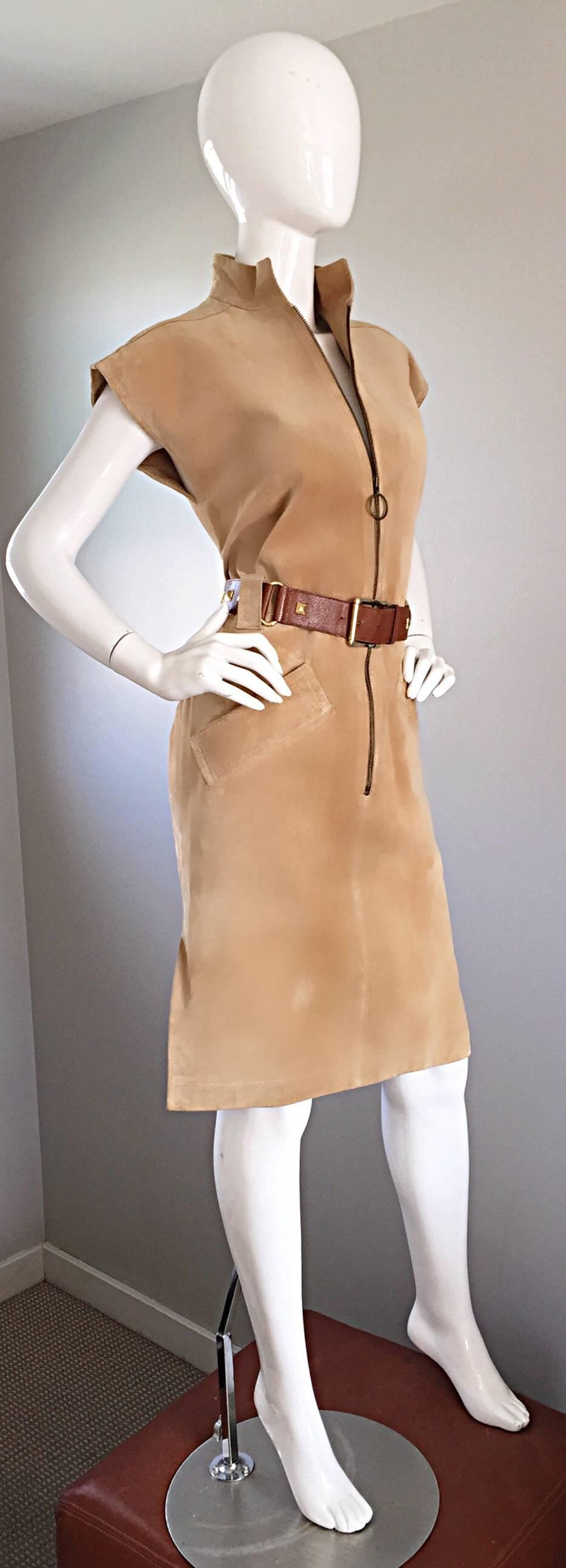 YSL Yves Saint Laurent Rive Gauche 1960s Vintage Leather Suede Tan Belted Dress In Excellent Condition In San Diego, CA