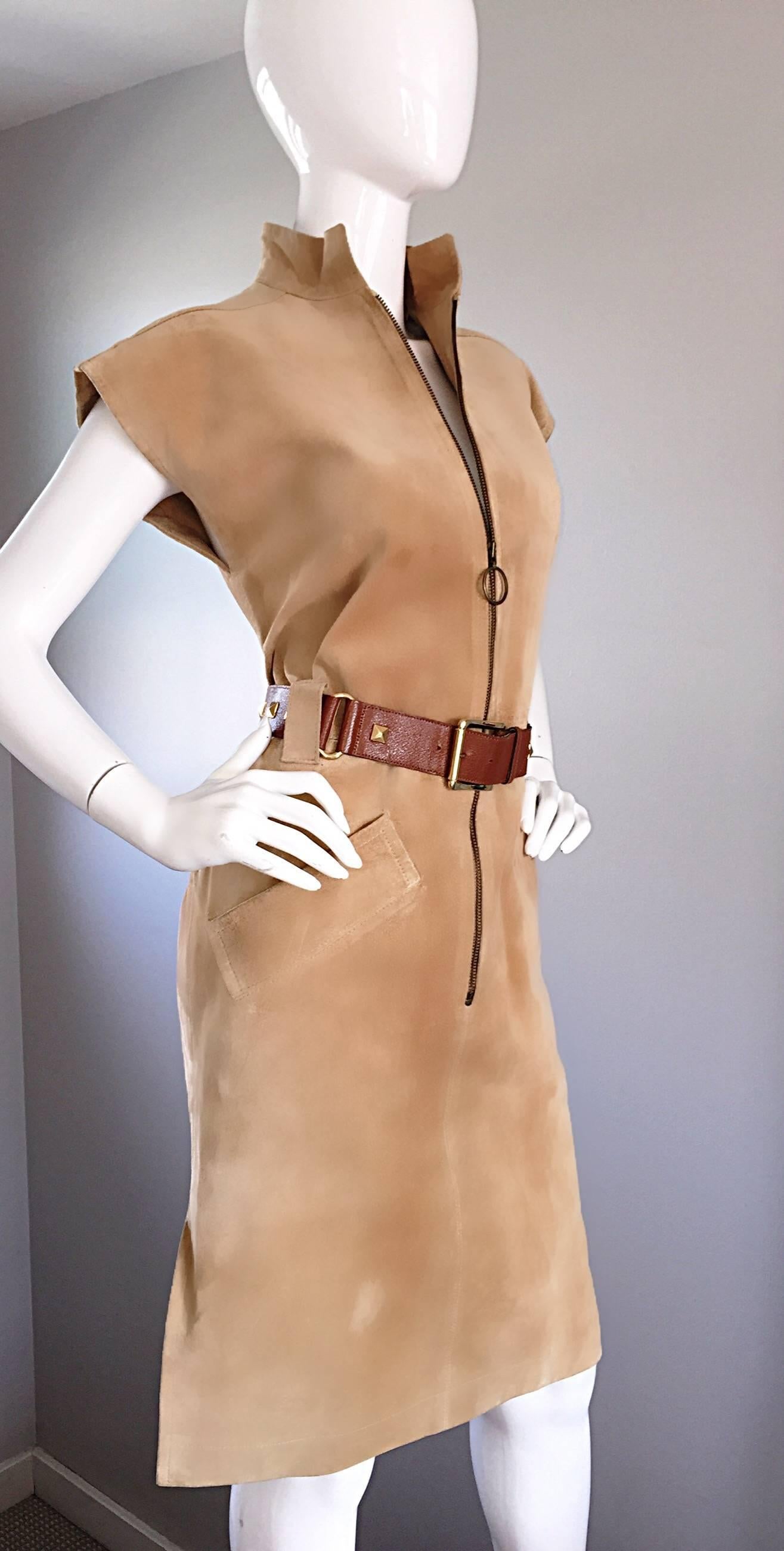 YSL Yves Saint Laurent Rive Gauche 1960s Vintage Leather Suede Tan Belted Dress 3