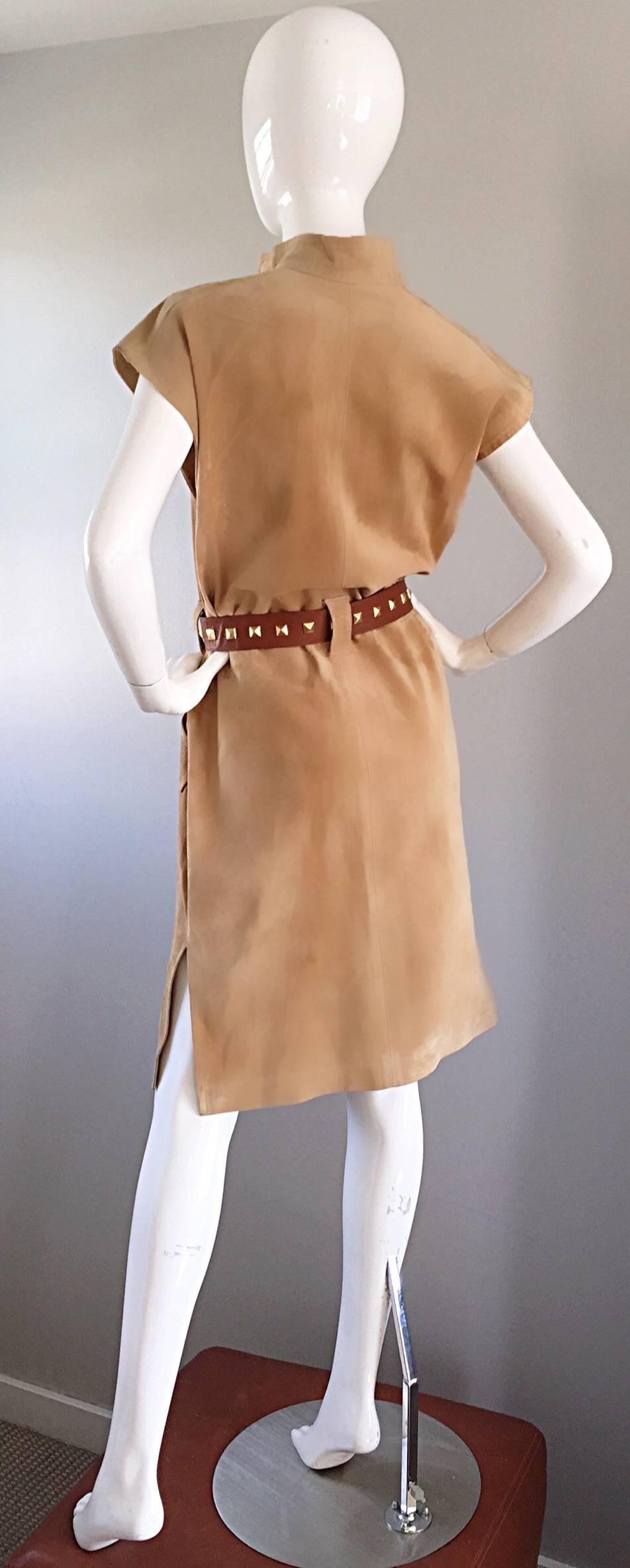 YSL Yves Saint Laurent Rive Gauche 1960s Vintage Leather Suede Tan Belted Dress 2