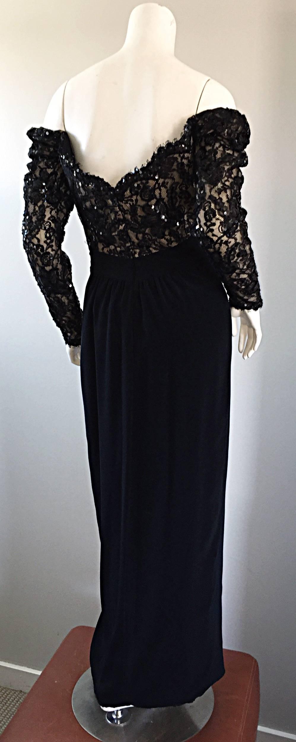 BOB MACKIE Vintage 1990s Black Silk Lace Sequined Size 8 Off - Shoulder Gown For Sale 1