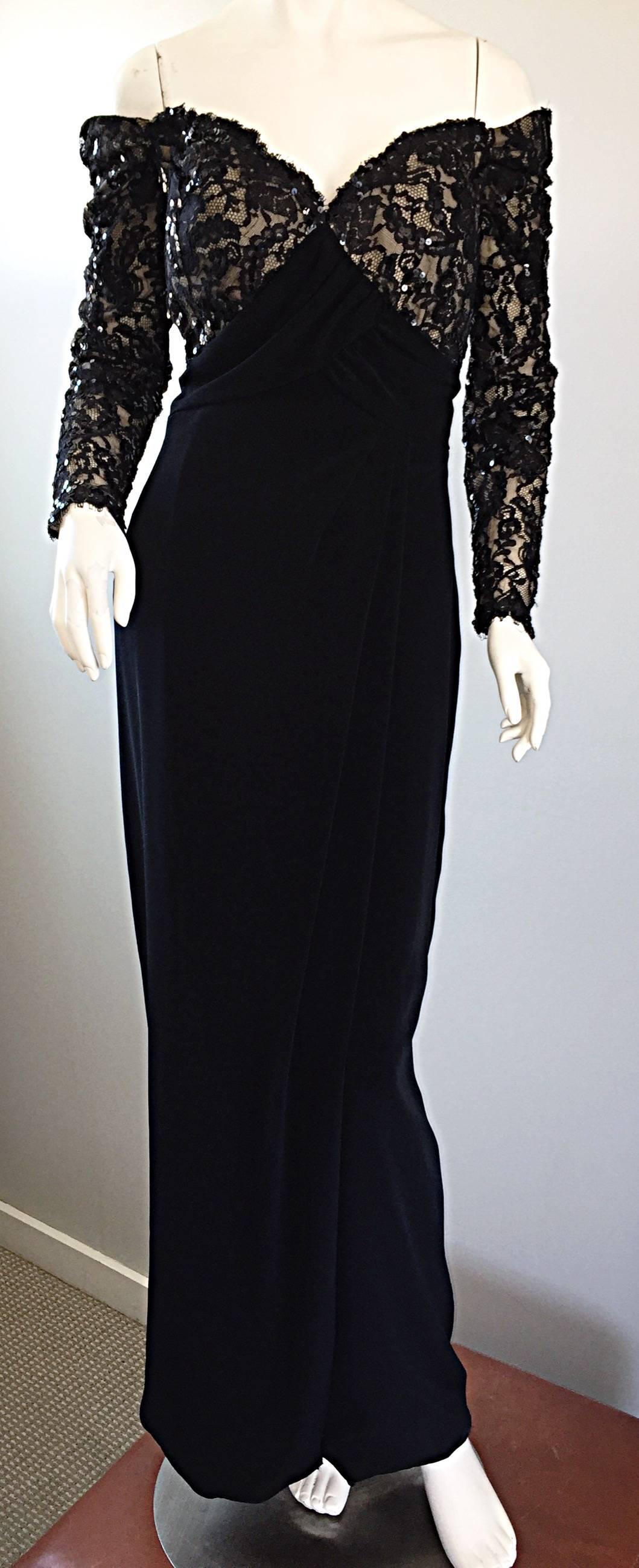 BOB MACKIE Vintage 1990s Black Silk Lace Sequined Size 8 Off - Shoulder Gown For Sale 2