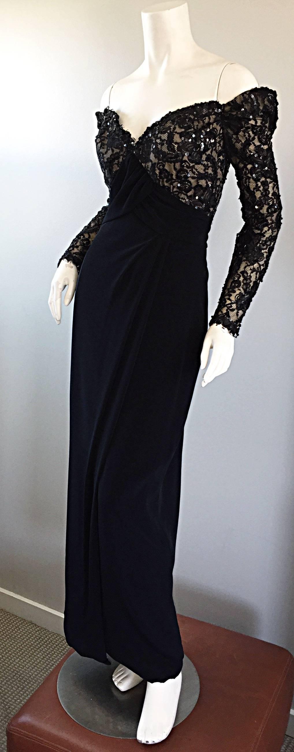 BOB MACKIE Vintage 1990s Black Silk Lace Sequined Size 8 Off - Shoulder Gown In Excellent Condition For Sale In San Diego, CA