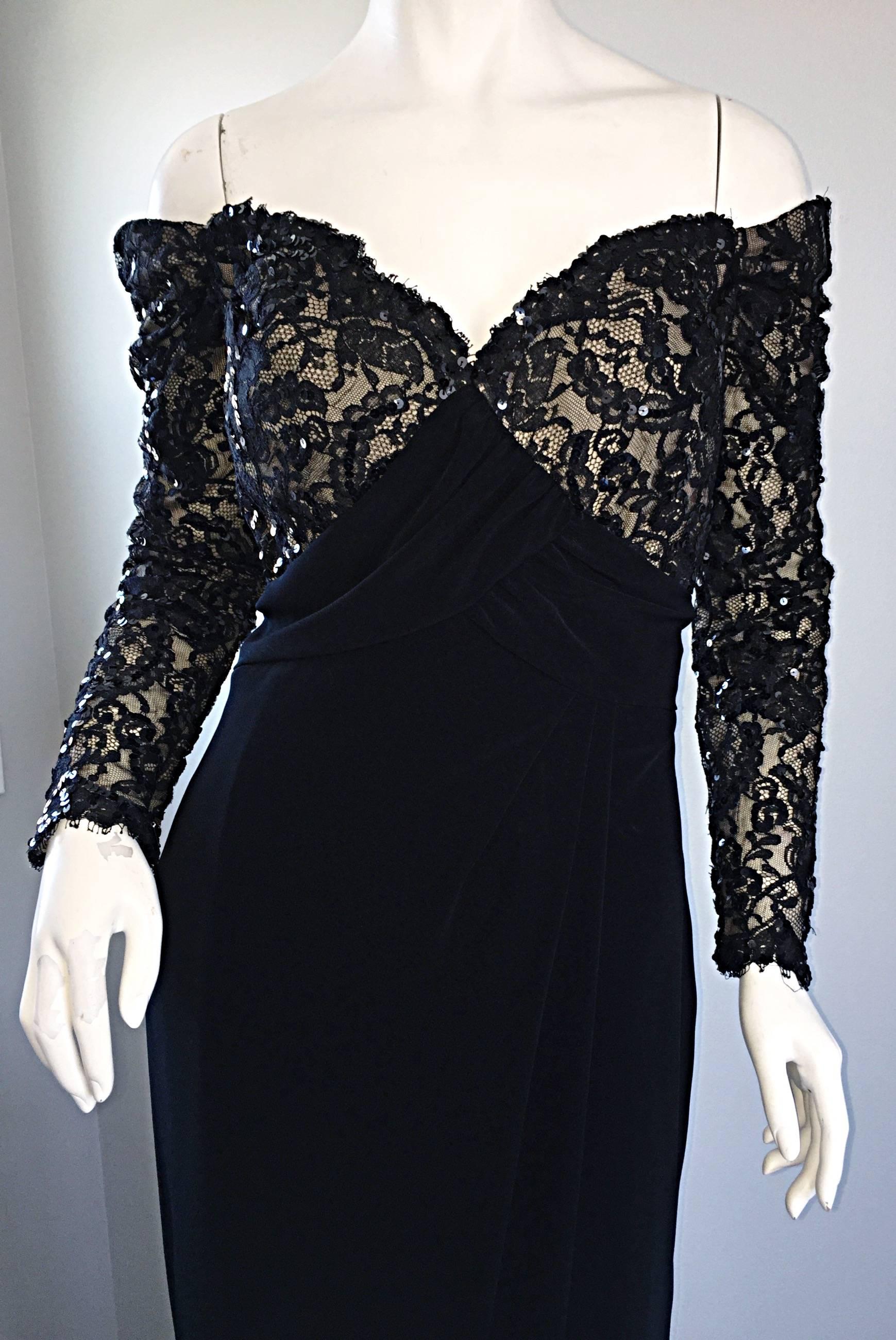 Women's BOB MACKIE Vintage 1990s Black Silk Lace Sequined Size 8 Off - Shoulder Gown For Sale