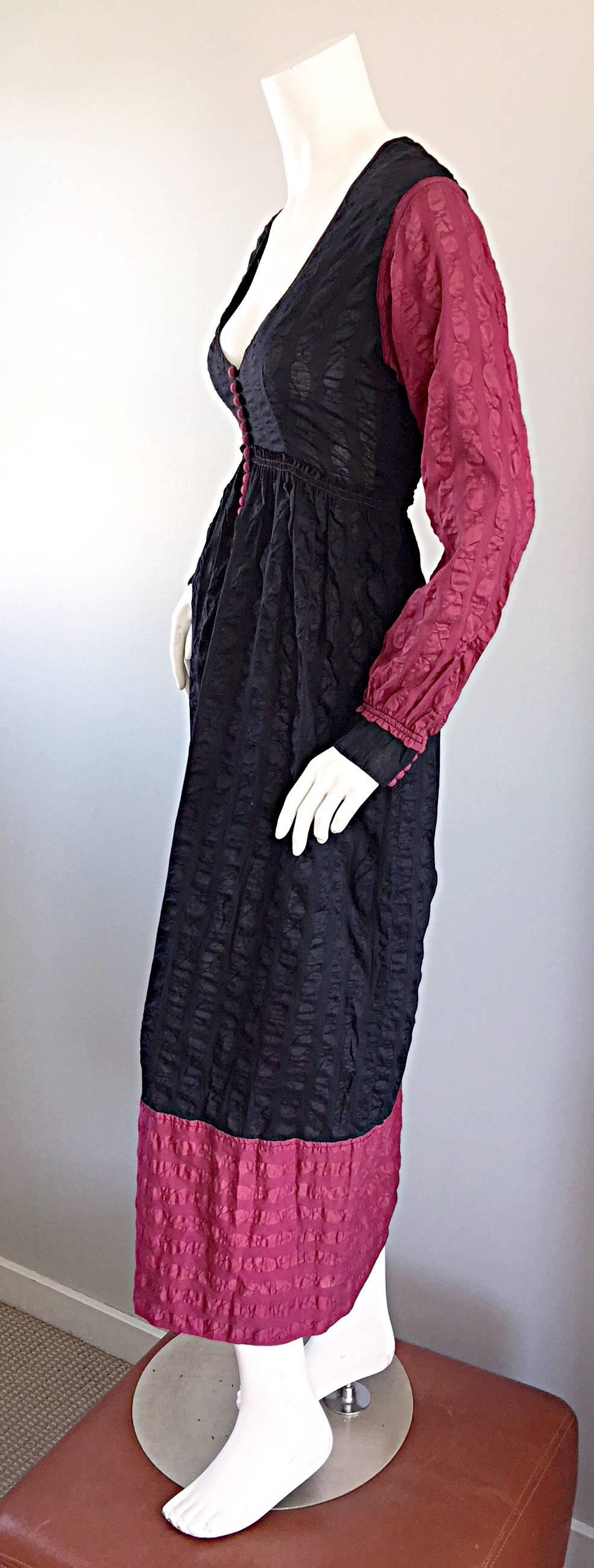 Women's JEAN MUIR Vintage 1970s Raspberry + Black Textured Cotton Long Sleeve Maxi Dress