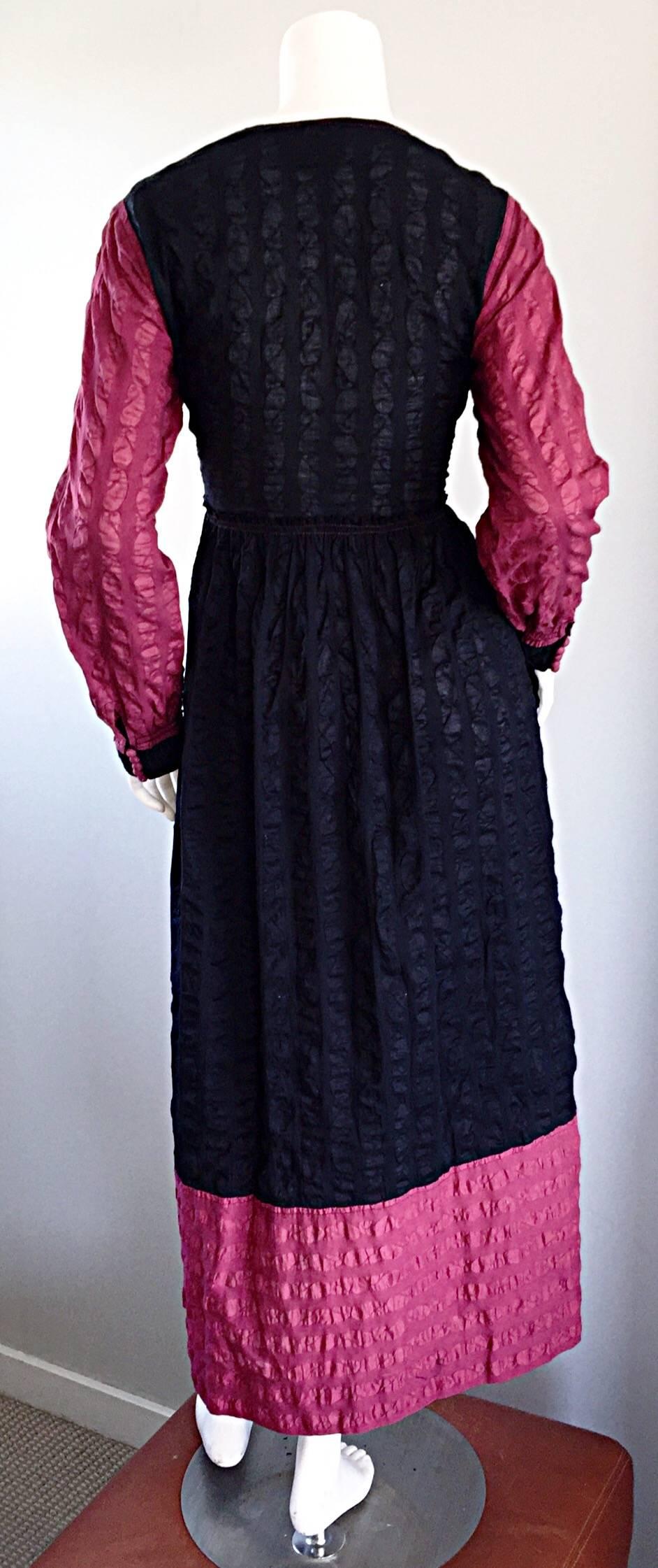 JEAN MUIR Vintage 1970s Raspberry + Black Textured Cotton Long Sleeve Maxi Dress 1
