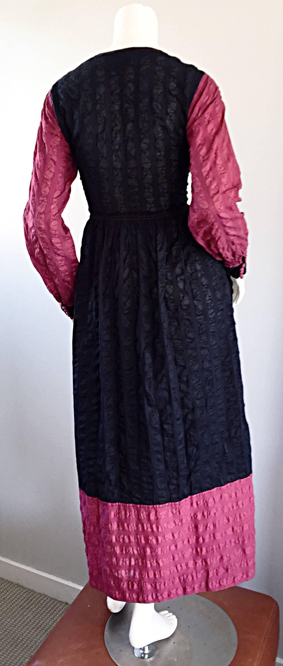 JEAN MUIR Vintage 1970s Raspberry + Black Textured Cotton Long Sleeve Maxi Dress 2