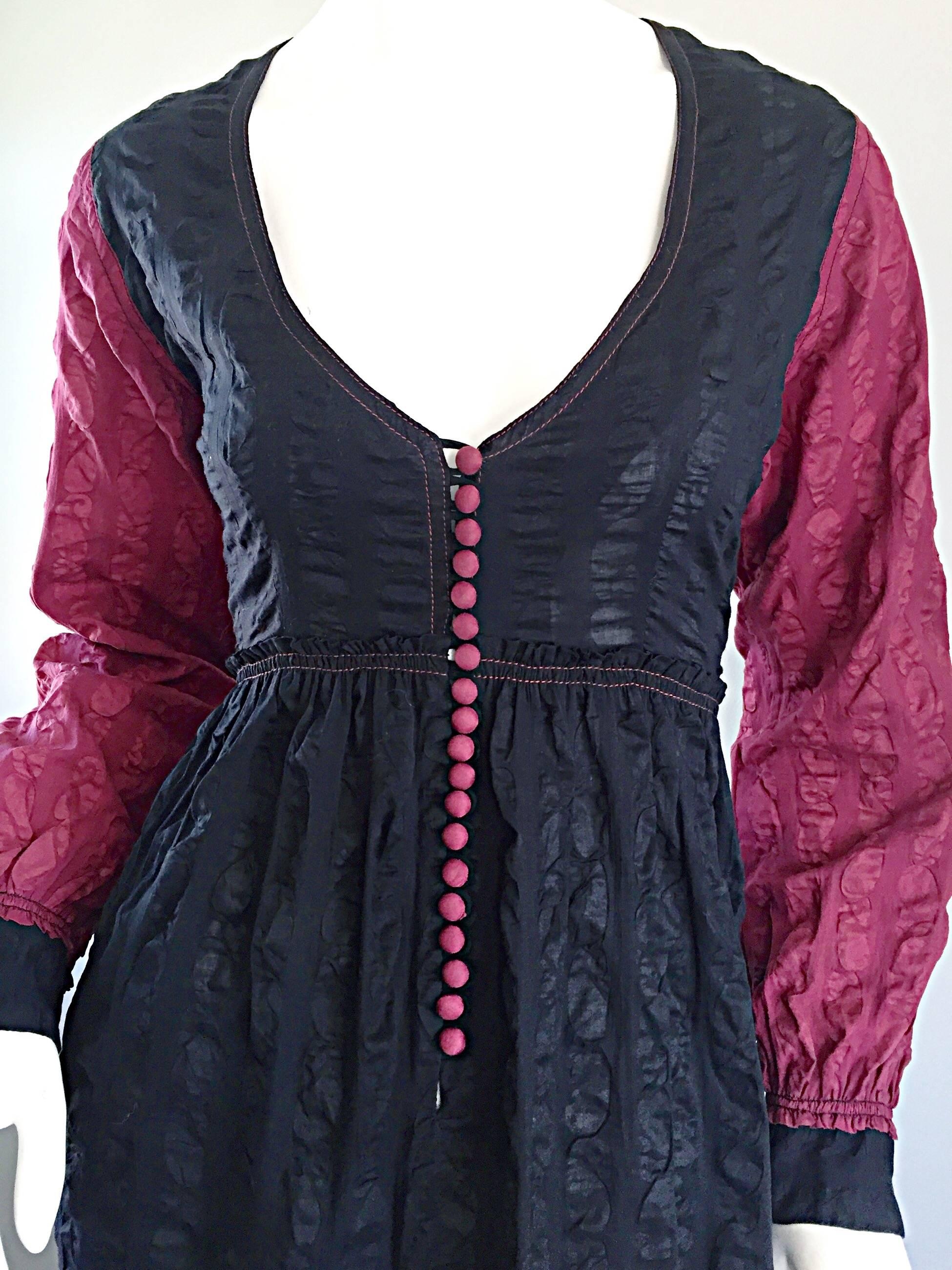 JEAN MUIR Vintage 1970s Raspberry + Black Textured Cotton Long Sleeve Maxi Dress 3