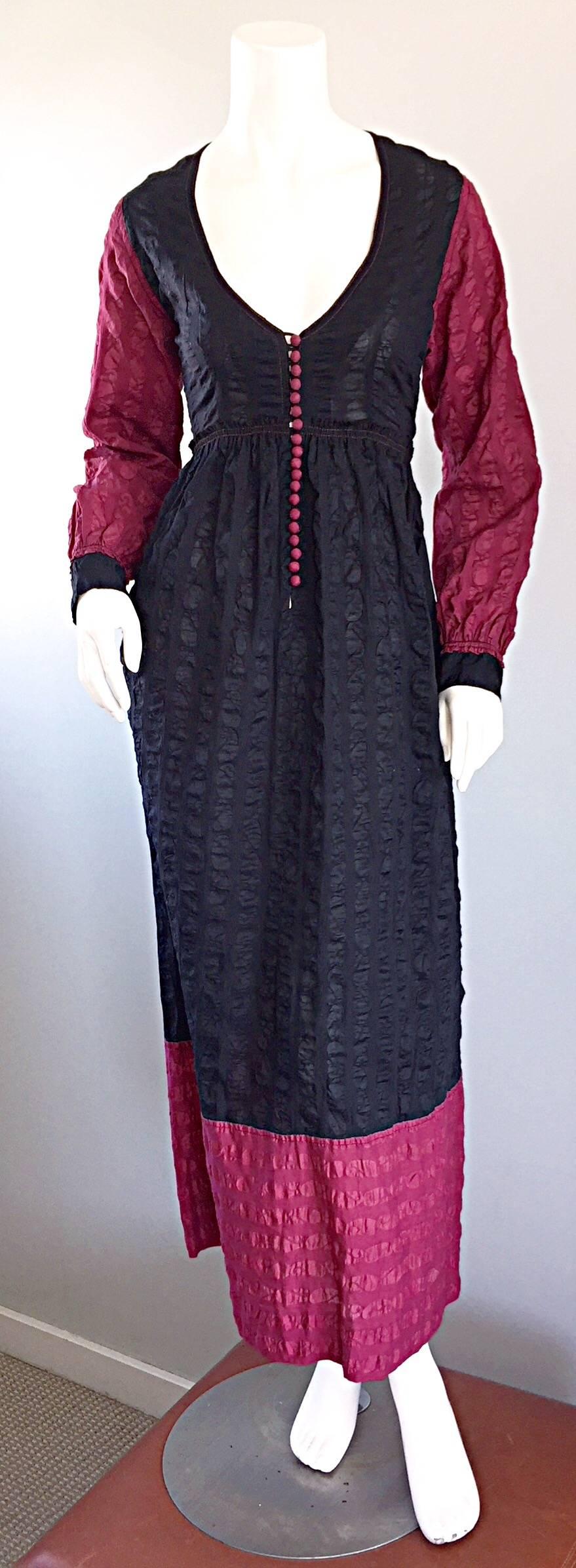 JEAN MUIR Vintage 1970s Raspberry + Black Textured Cotton Long Sleeve Maxi Dress 4