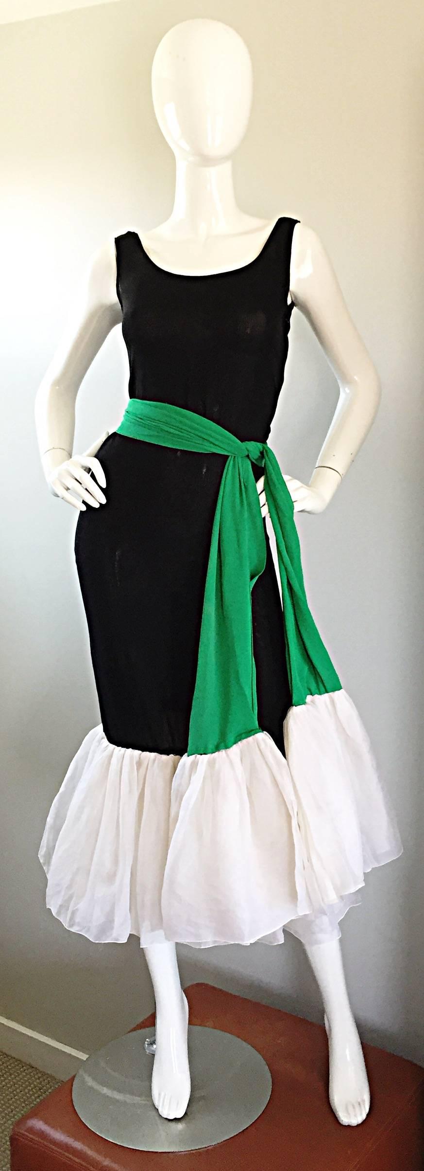 Incredibly rare and important vintage 60s PIERRE CARDIN Haute Couture black silk mermaid dress, with kelly green silk sash! Double layered luxurious silk body, with layers and layer of white chiffon at the hem. Perfect flattering fit that can be