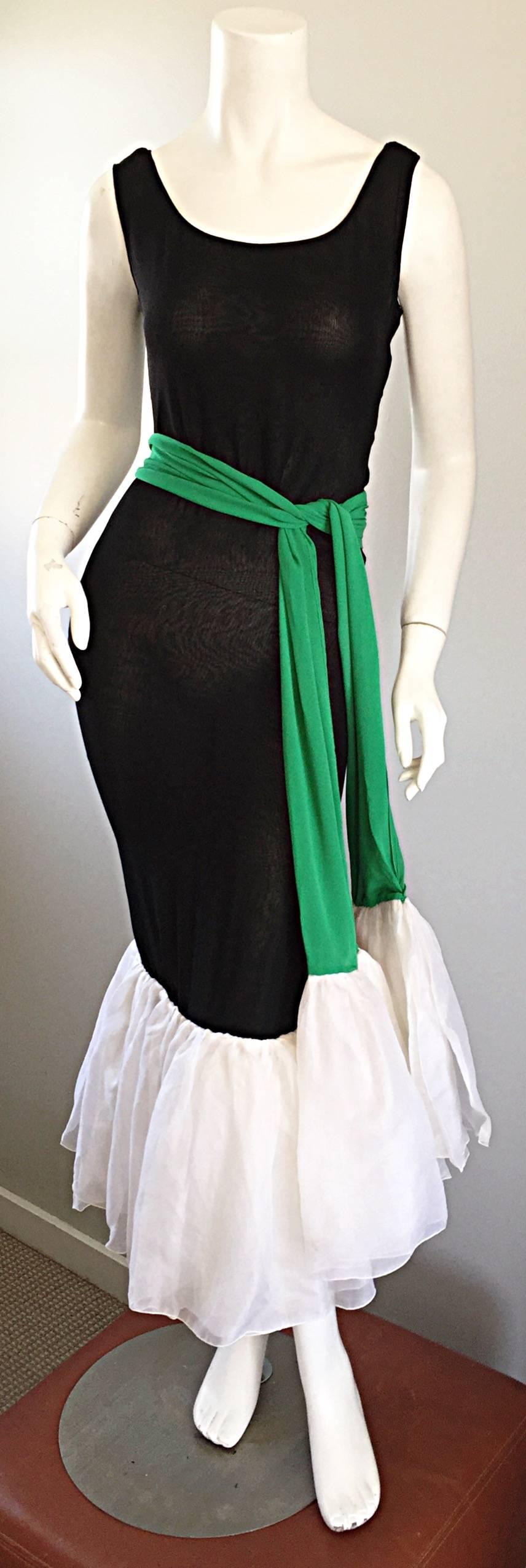Pierre Cardin Haute Couture Rare 1960s Black Silk Mermaid Dress Green Clover  3