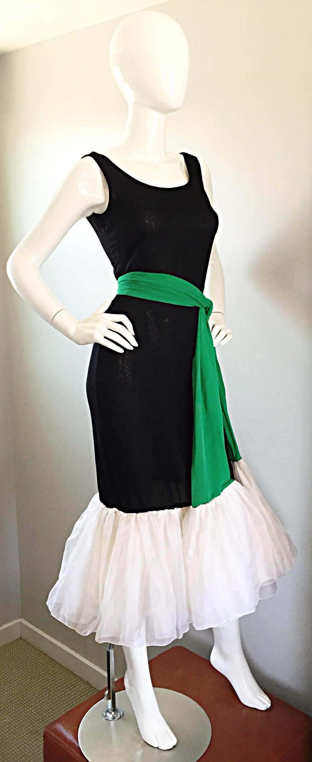 Pierre Cardin Haute Couture Rare 1960s Black Silk Mermaid Dress Green Clover  1