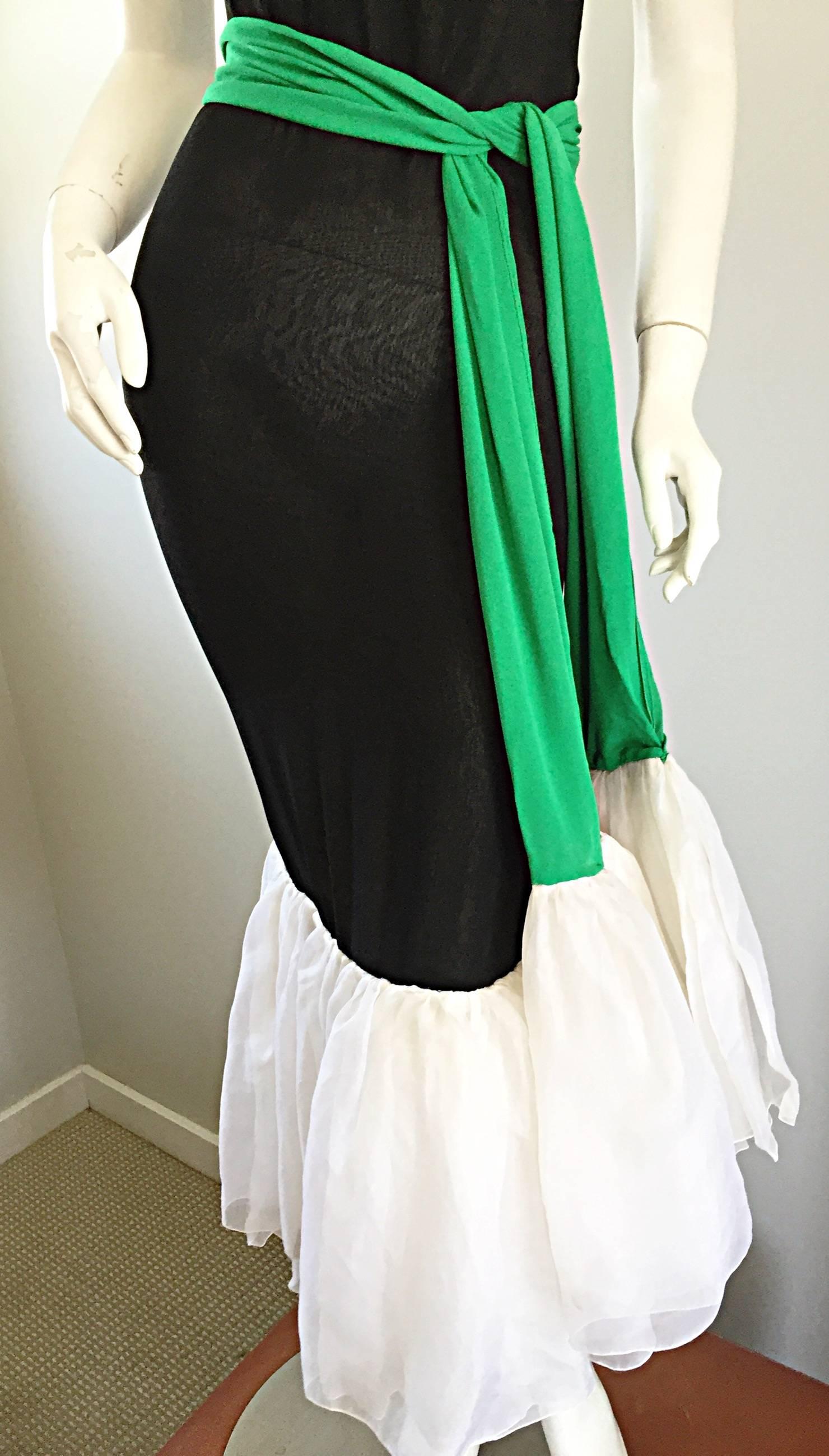 Pierre Cardin Haute Couture Rare 1960s Black Silk Mermaid Dress Green Clover  In Excellent Condition In San Diego, CA