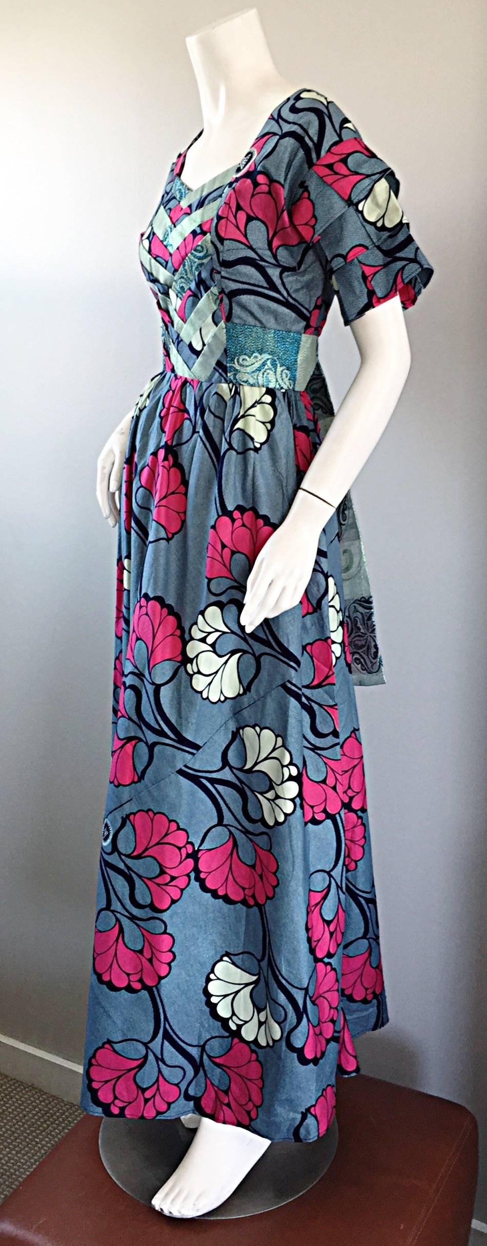 Women's Chic 1970s Vintage Blue and Pink Cotton + Silk Brocade Belted 70s Maxi Dress  For Sale