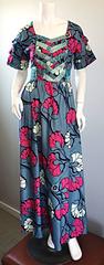 Chic 1970s Vintage Blue and Pink Cotton + Silk Brocade Belted 70s Maxi Dress