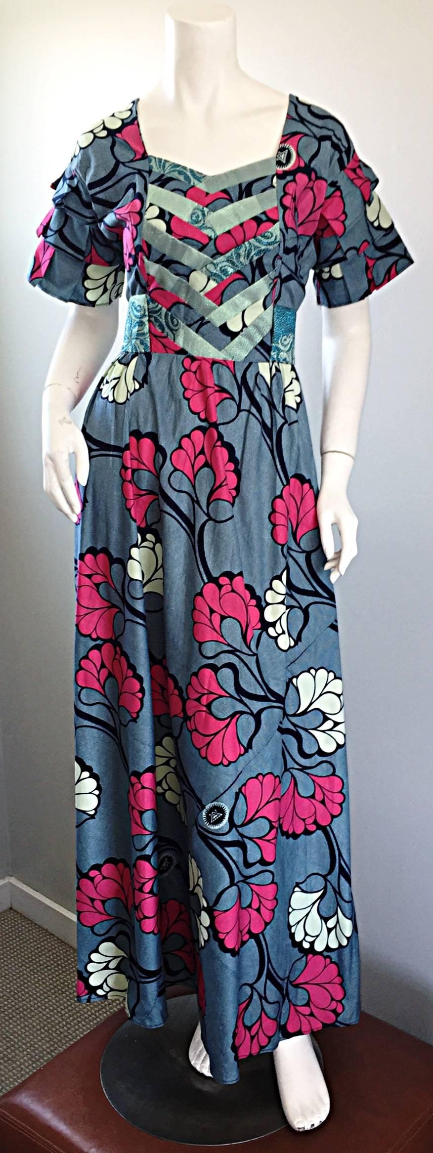 Chic 1970s Vintage Blue and Pink Cotton + Silk Brocade Belted 70s Maxi Dress  For Sale 3