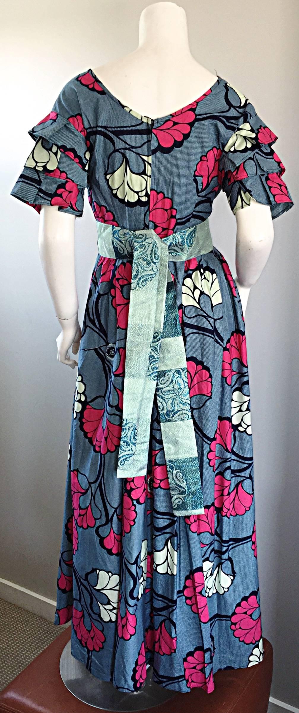 Purple Chic 1970s Vintage Blue and Pink Cotton + Silk Brocade Belted 70s Maxi Dress For Sale