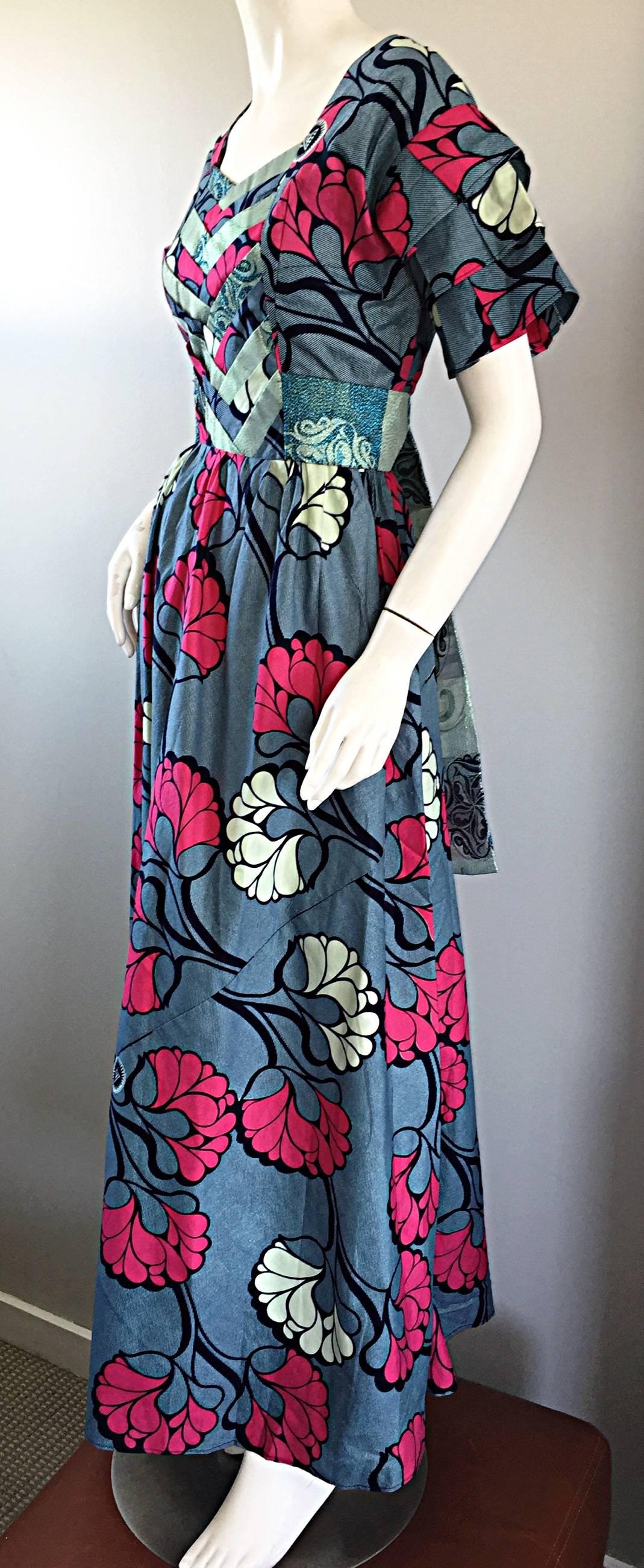 Chic 1970s Vintage Blue and Pink Cotton + Silk Brocade Belted 70s Maxi Dress For Sale 2